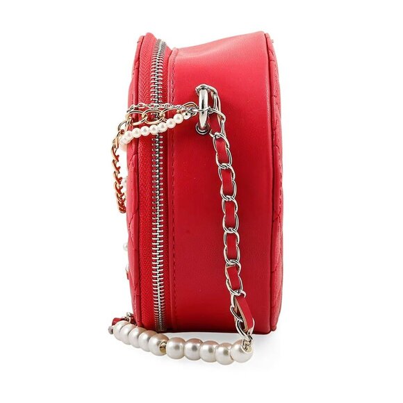 Badgley Mischka ✦ Red Quilted Crossbody Bag ✦ Pearl Studded Vegan Leather NWT - Picture 3 of 8